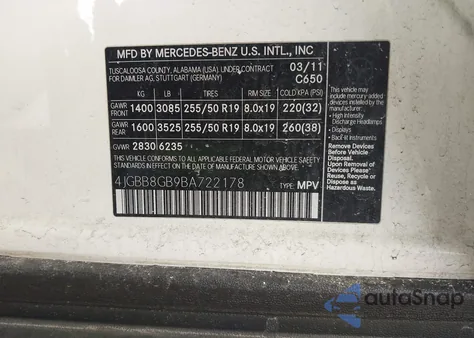 2011 Mercedes-Benz Ml 350 4Matic из США, поврежденный, VIN 4JGBB8GB9BA722178